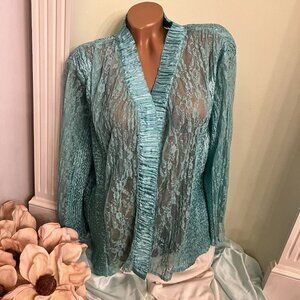 Unbranded. Sz 1X. Silky SemiSheer Feminine Blouse. Stretch Crinkle. Lace B25